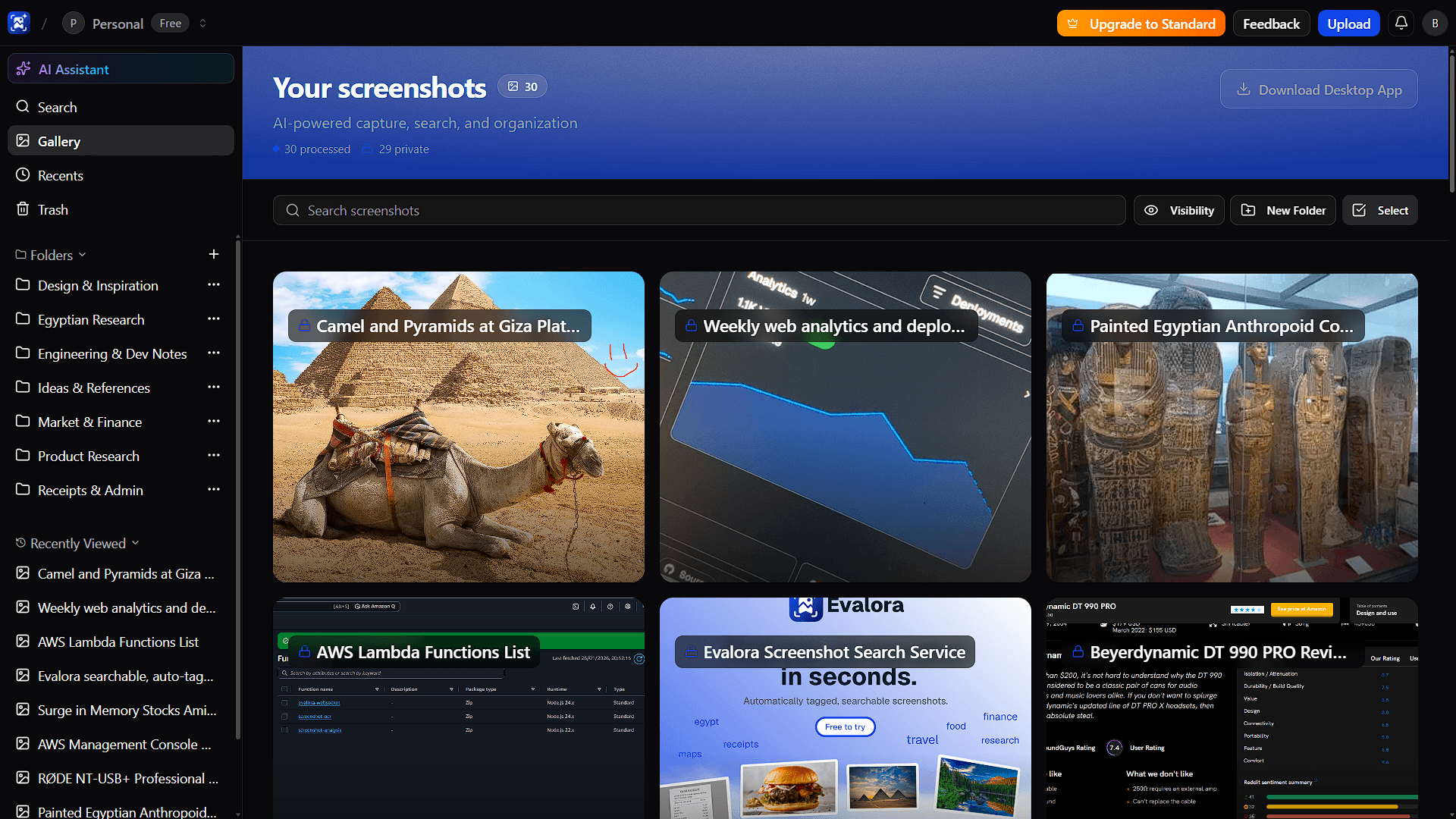 Evalora app interface showing capture and organize workflow