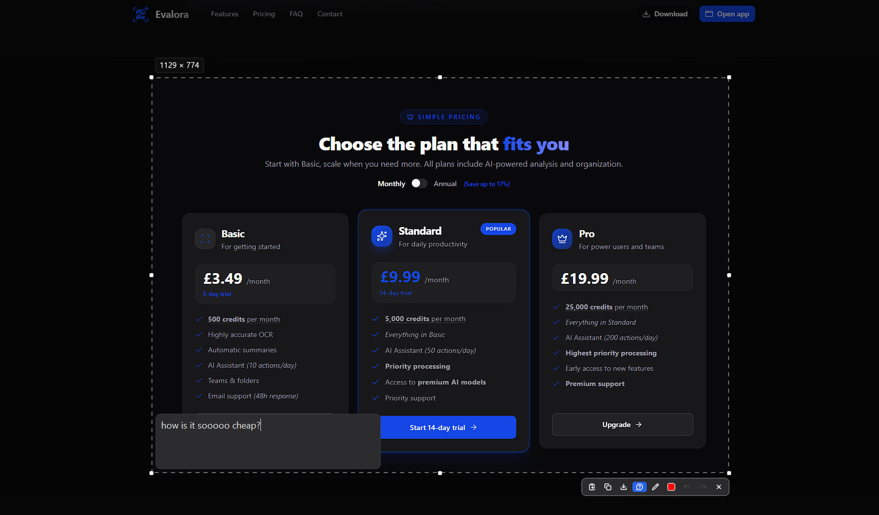 Desktop app – selection toolbar with question button or Ctrl+Q – add screenshot
