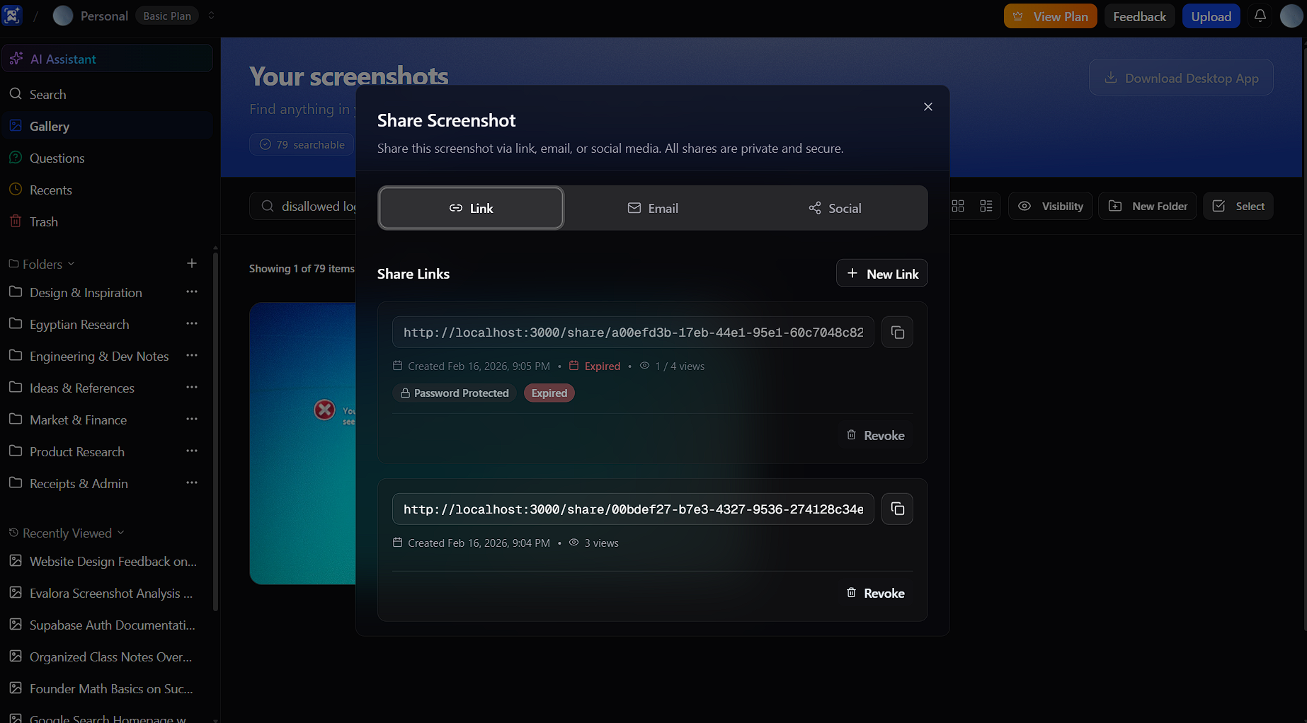 Share dialog with active links list – add screenshot